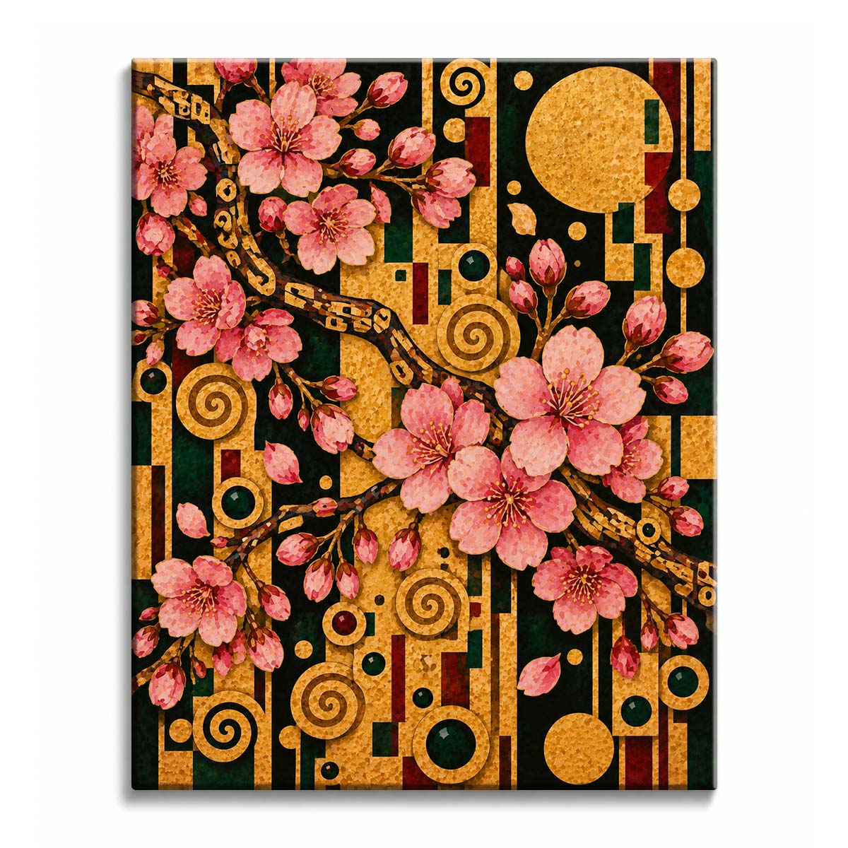Pink flowers cover a dark branch crossing golden Klimt-style ornament and a full moon, in a cherry blossom paint by numbers design.