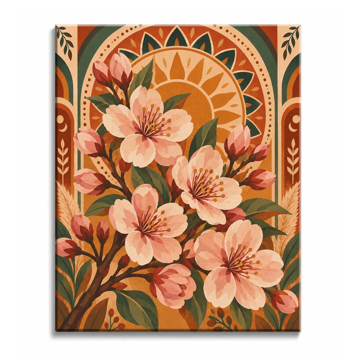 Inside a rust-and-cream arch, a cherry blossom paint by numbers design features pink blooms and green leaves crossing dark branches.