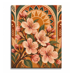 Inside a rust-and-cream arch, a cherry blossom paint by numbers design features pink blooms and green leaves crossing dark branches.