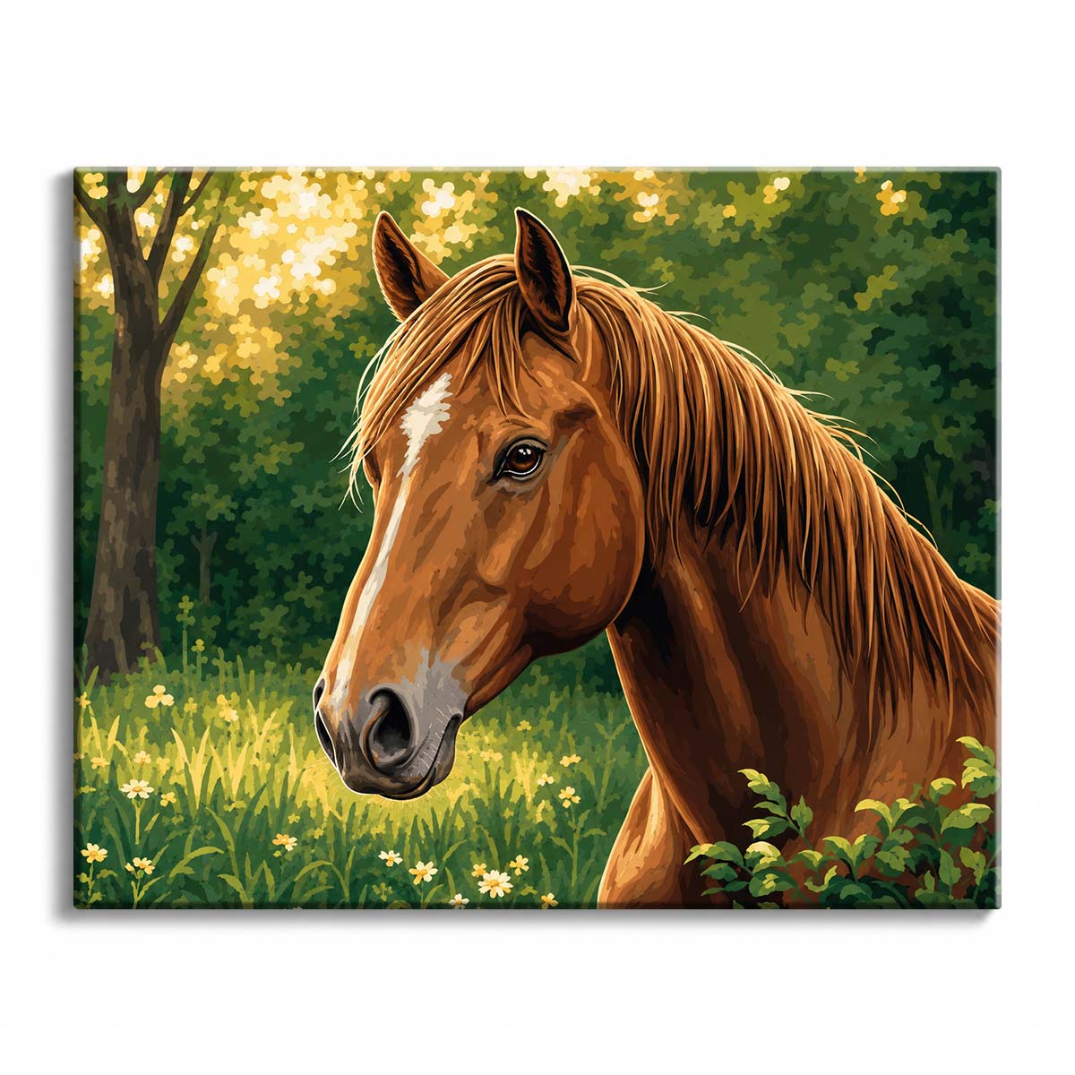 A chestnut horse stands in a sunlit meadow with a dark mane, white facial marking, green grass, and leafy woodland behind it.