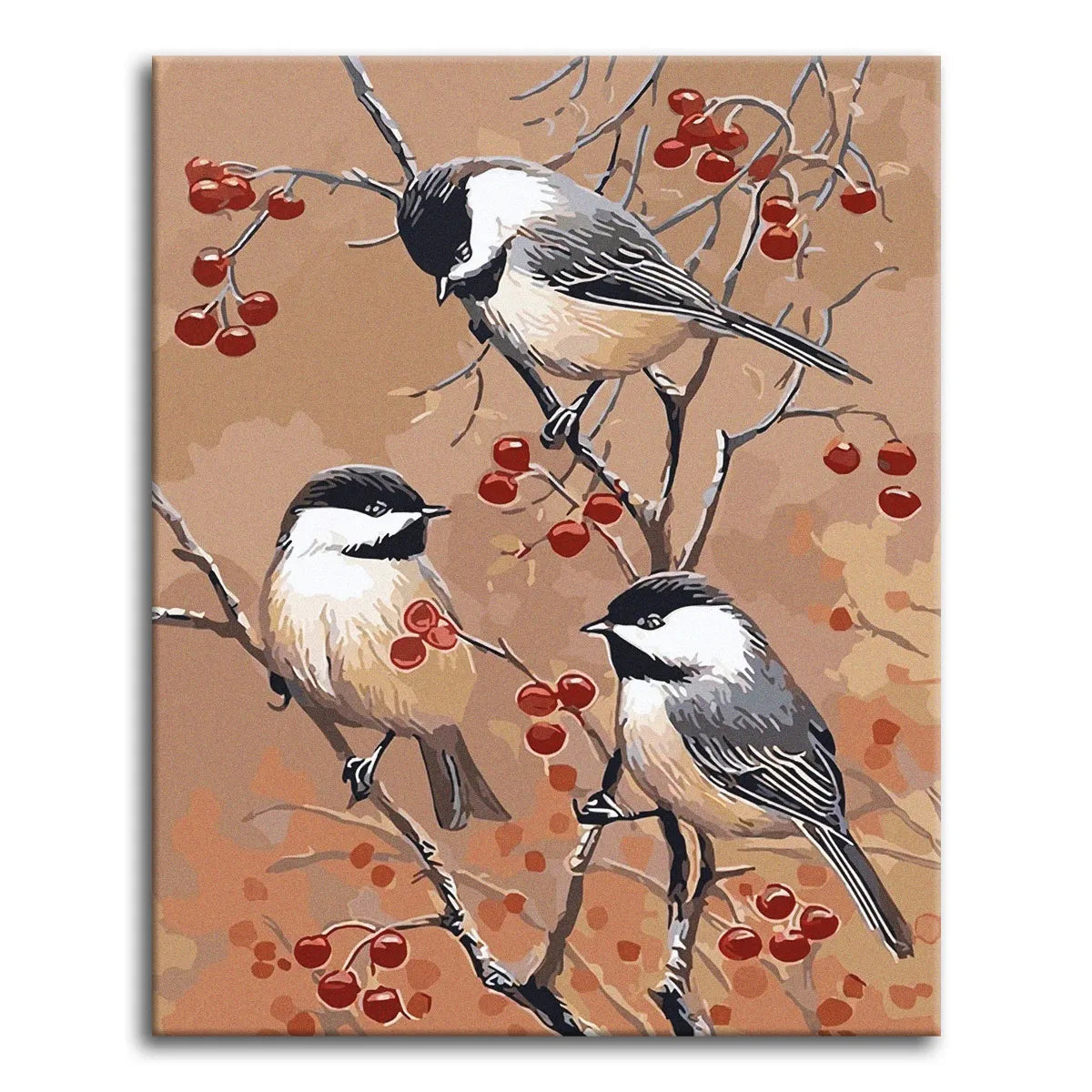 A paint by numbers scene of three black-capped chickadees perched among branches with red berries on a tan background.