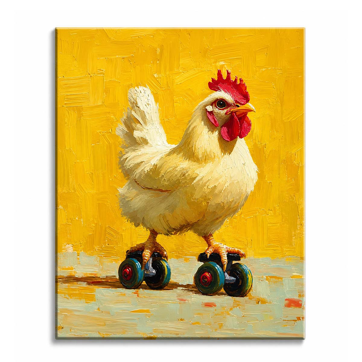 A white hen standing on roller skates against a yellow background, painted in thick oil brushstrokes, shown as a paint by numbers canvas.