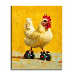 A white hen standing on roller skates against a yellow background, painted in thick oil brushstrokes, shown as a paint by numbers canvas.