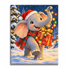 A Christmas elephant in a Santa hat carries a red gift through snow, with string lights, fir trees, and warm village lights in a paint by numbers design.