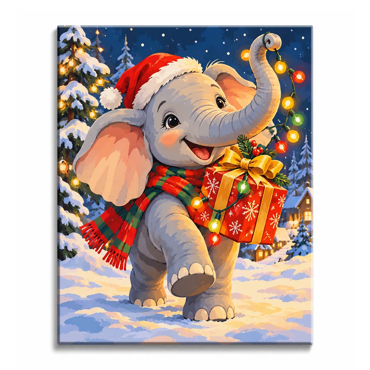 A Christmas elephant in a Santa hat carries a red gift through snow, with string lights, fir trees, and warm village lights in a paint by numbers design.
