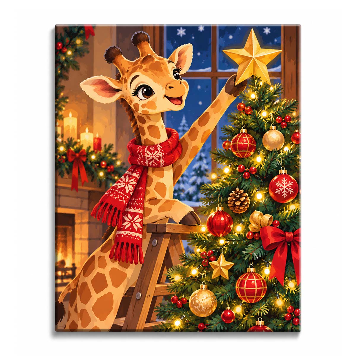 A Christmas giraffe paint by numbers design showing a smiling giraffe in a red scarf reaching toward a star on a decorated tree beside a warm fireplace glow.