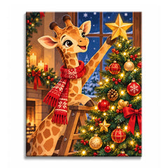 A Christmas giraffe paint by numbers design showing a smiling giraffe in a red scarf reaching toward a star on a decorated tree beside a warm fireplace glow.