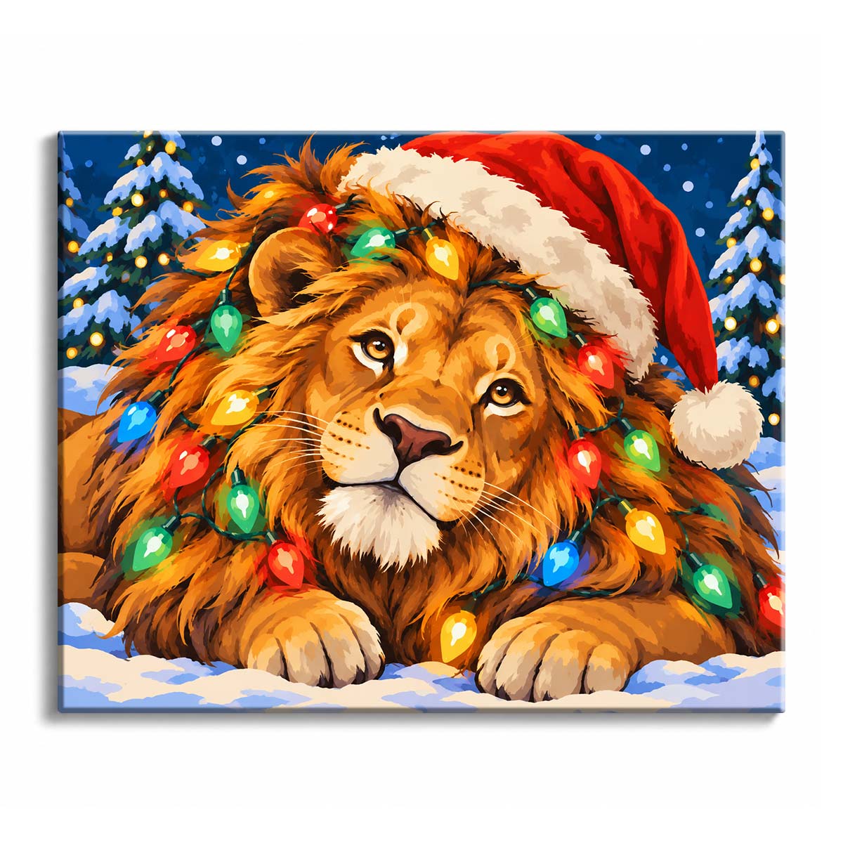 Colored Christmas lights wrap through a lion's golden mane in a Christmas lion paint by numbers design, beneath a red Santa hat and against snowy fir trees.