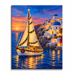 A Christmas sailboat paint by numbers design showing a garland-lit boat on the sea before Santorini’s white buildings and blue domes at sunset.