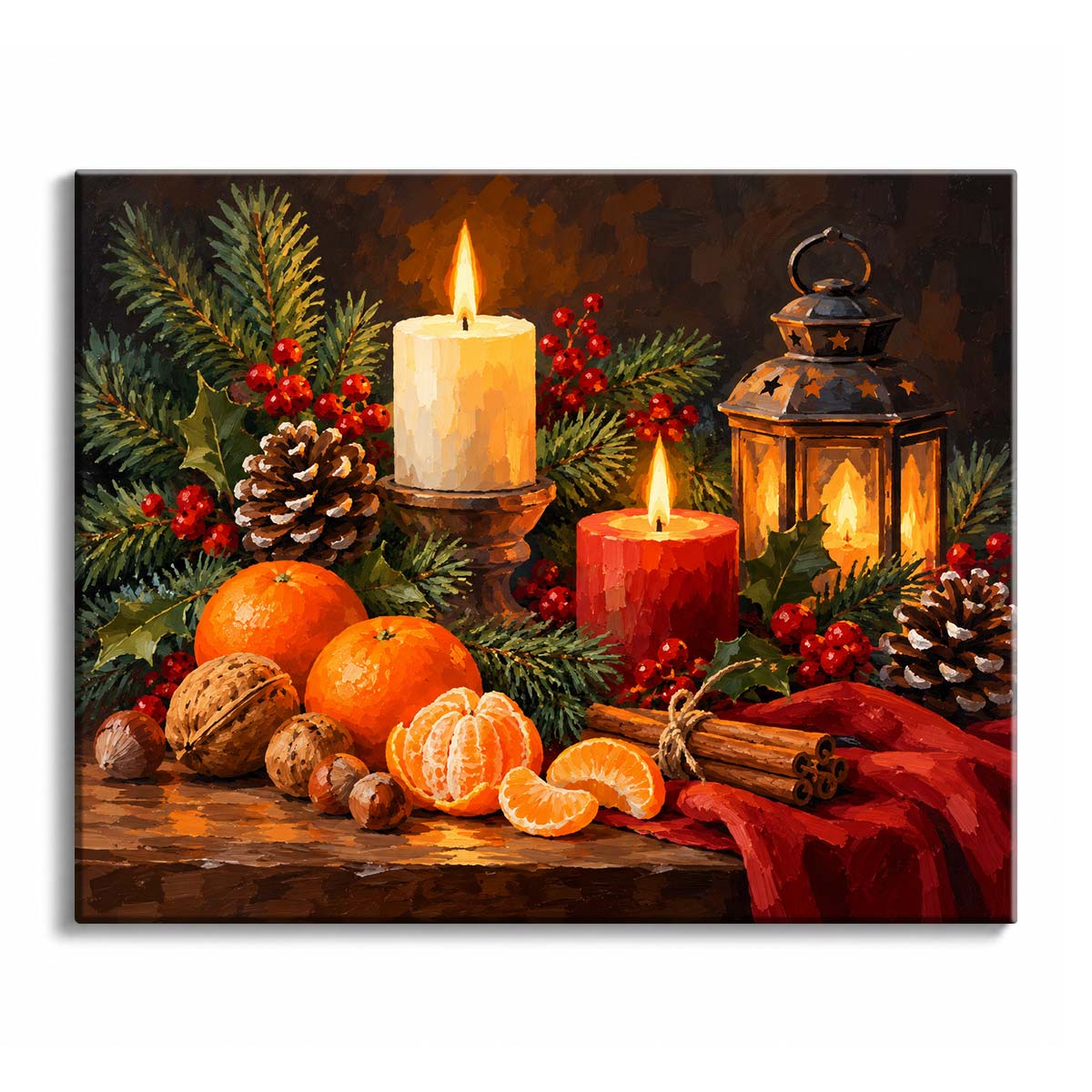 Candlelight illuminates citrus and evergreen branches beside a metal lantern, red berries, and pinecones in a Christmas still life paint by numbers design.