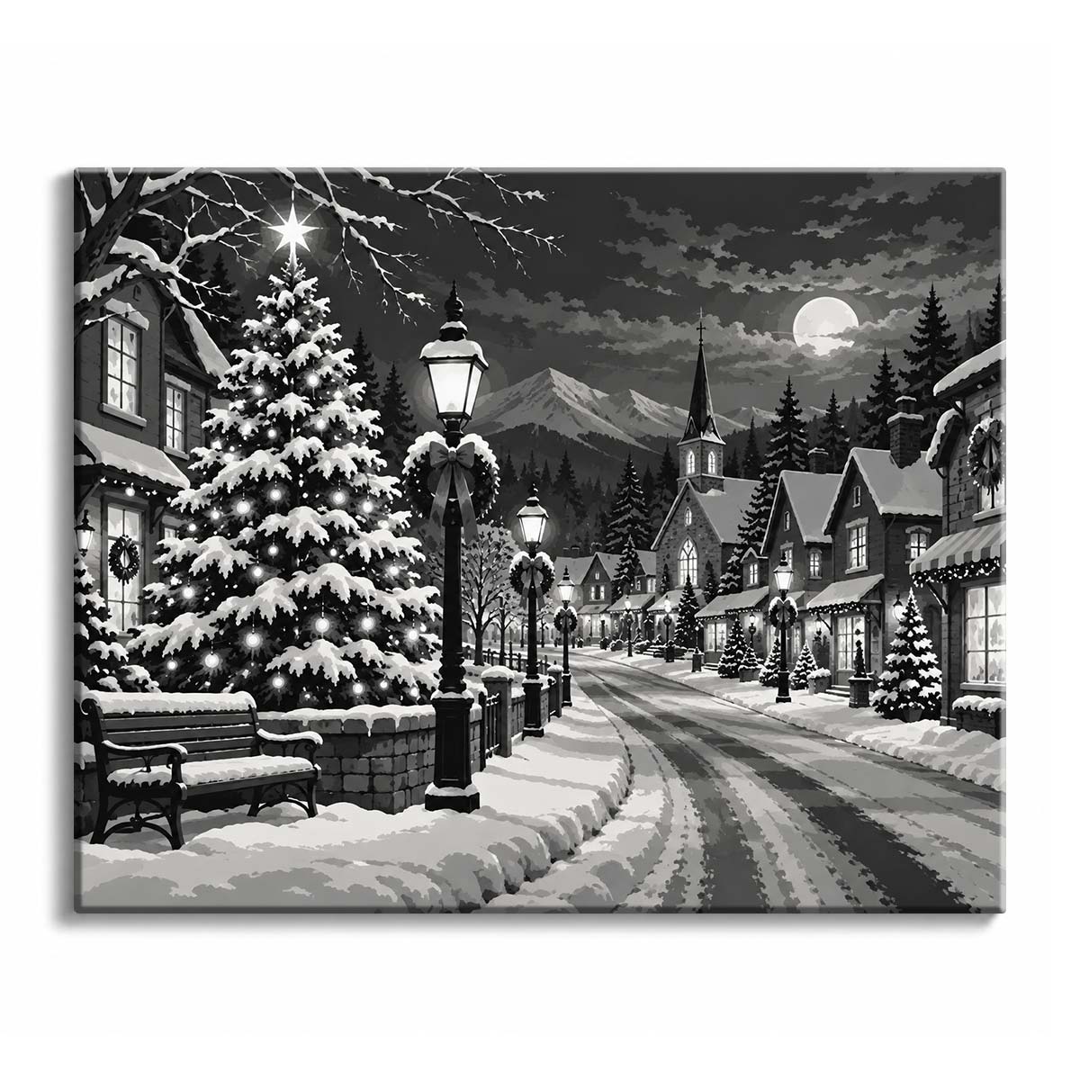 A black and white Christmas village paint by numbers design showing a snow-covered tree with a bright star, wreathed lampposts and a church spire along a snowy road toward distant mountains.