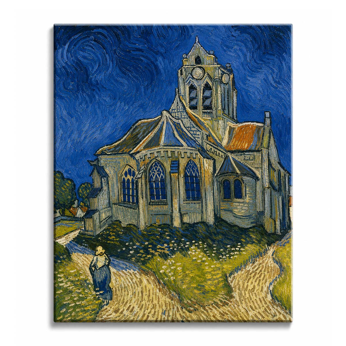 A stone village church stands under a deep blue swirling sky with a woman walking the path below, in a paint by numbers design.