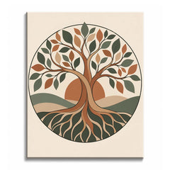 A tree of life paint by numbers design showing sage and terracotta leaves on a twisting trunk, with roots below the hills and a sun inside a circle.