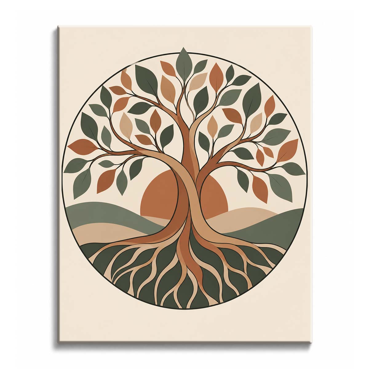 A tree of life paint by numbers design showing sage and terracotta leaves on a twisting trunk, with roots below the hills and a sun inside a circle.