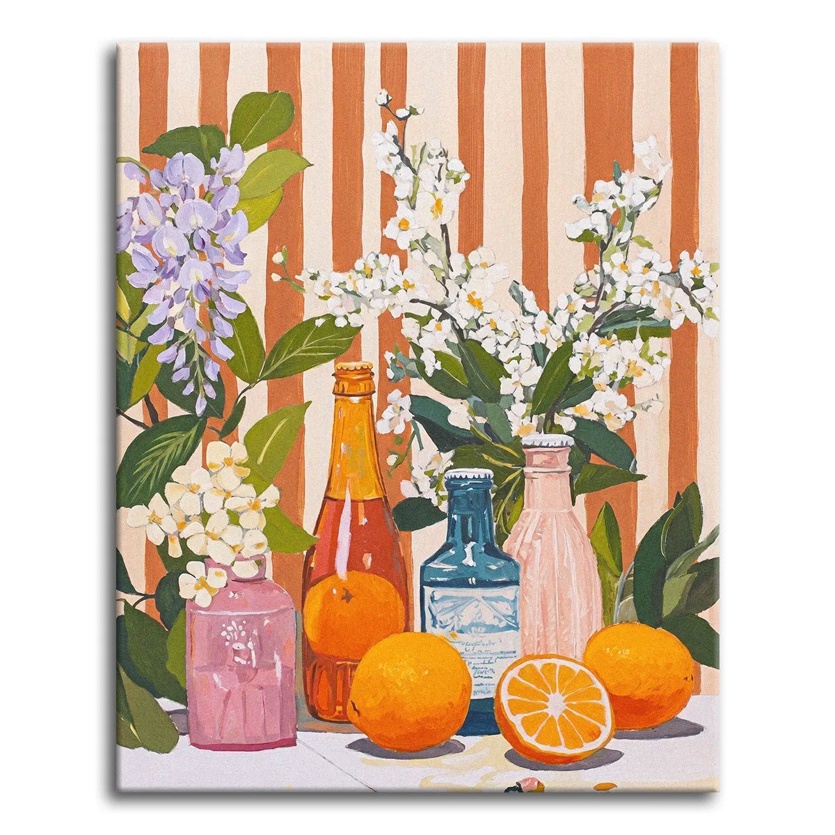 A bright, flat-style paint by numbers still life of pink, amber, and blue glass bottles holding wisteria and white blossoms, with whole and halved oranges, against a warm orange-and-cream striped background.