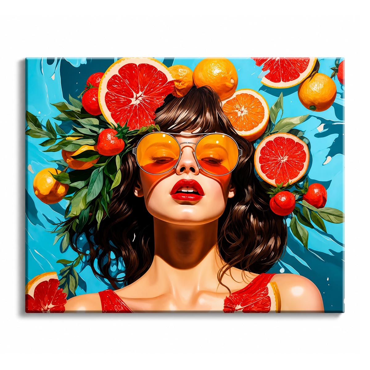 A bold paint by numbers design of a woman in orange sunglasses surrounded by grapefruit, lemon and orange slices on a turquoise background.