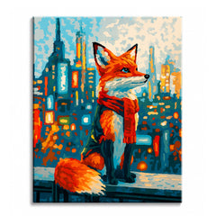 A fox wearing a red scarf sitting on a ledge in front of a blurred city skyline with glowing lights, shown as a paint by numbers canvas.