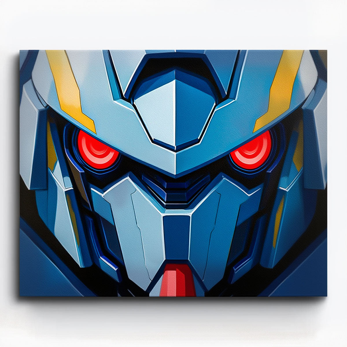 anime mecha robot head close-up with glowing red eyes paint by numbers design