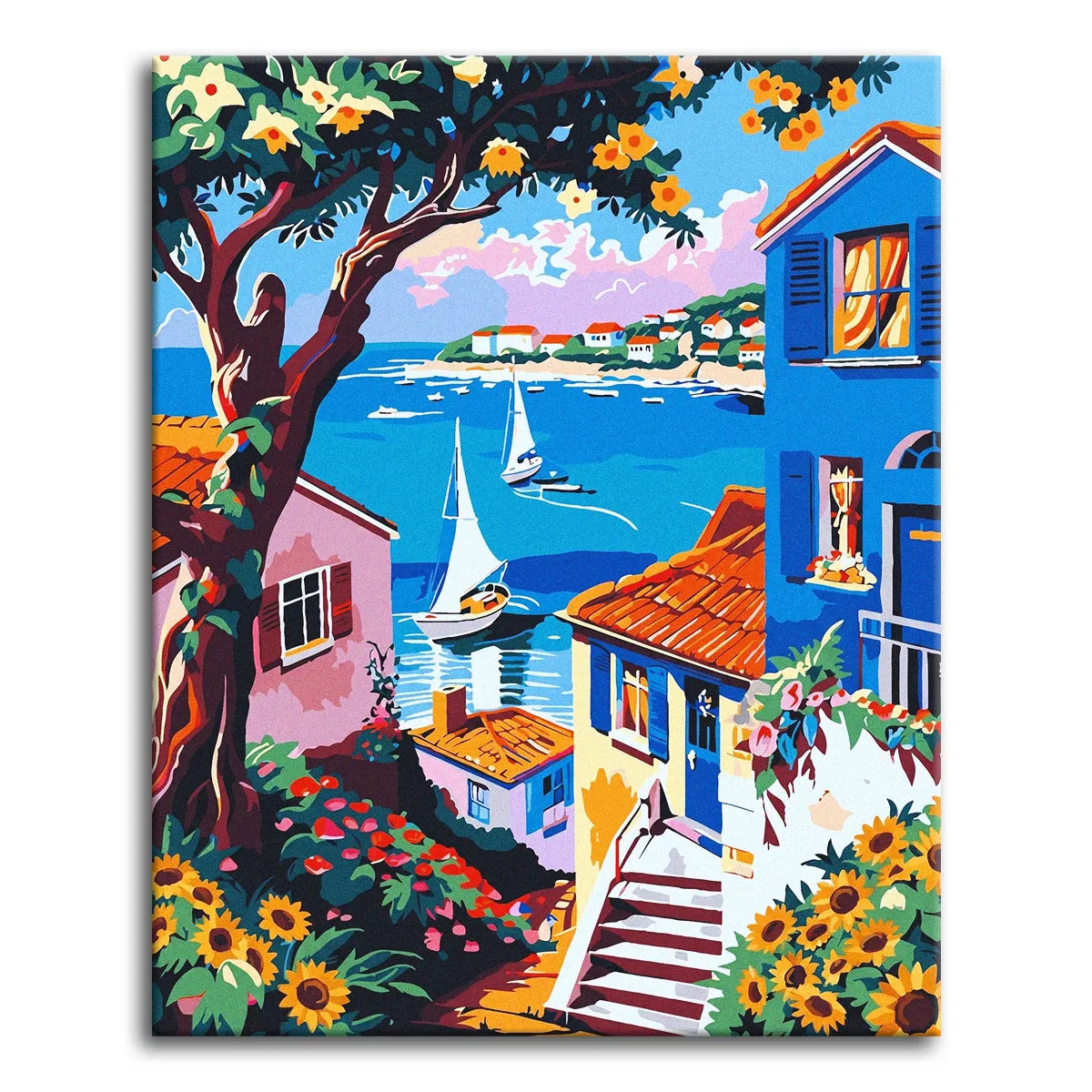 A paint by numbers canvas in bold illustrated style of a coastal bay with white sailboats, colorful hillside houses, a flowering tree, and sunflowers in the foreground.