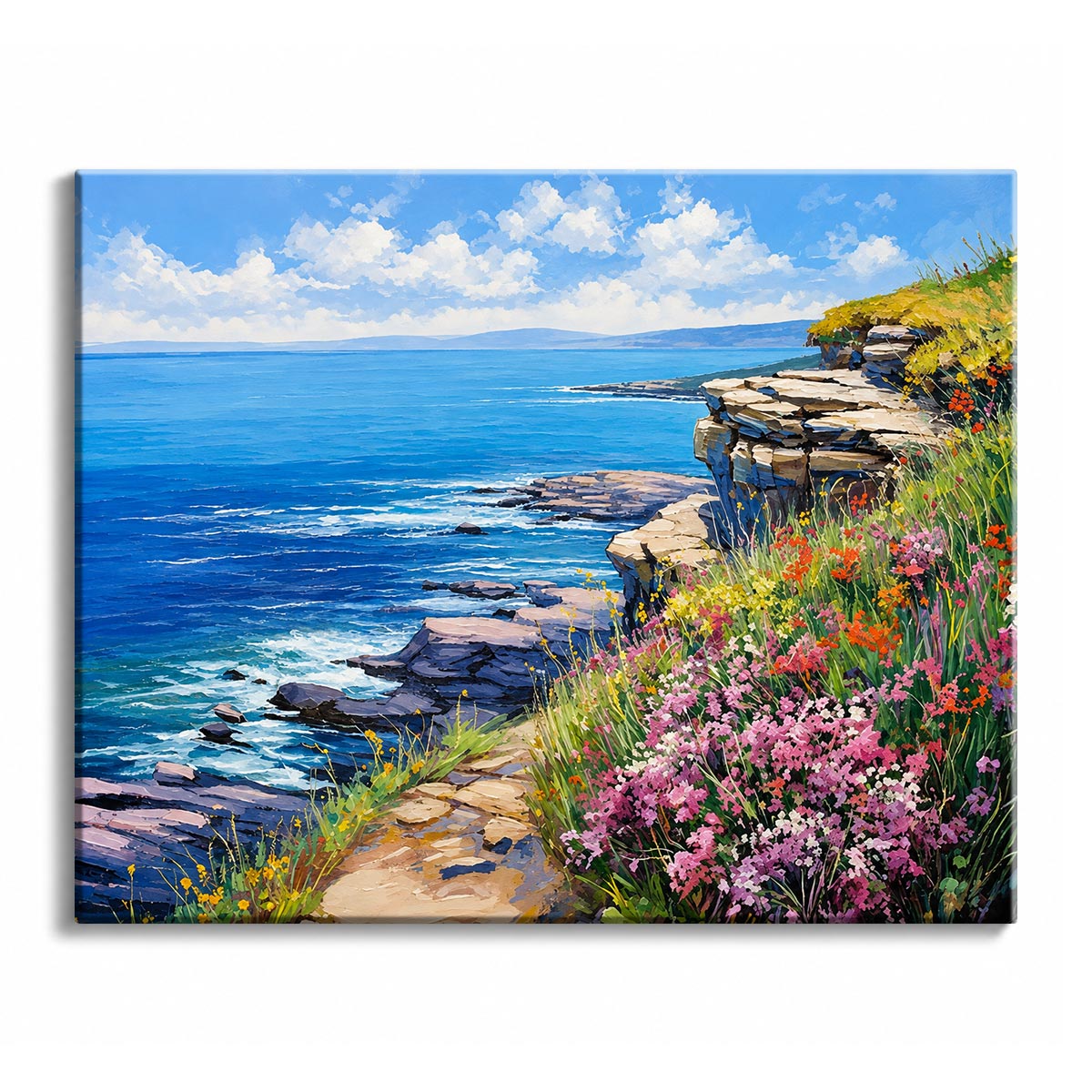 A coastal paint by numbers design of blue sea seen from a rocky cliff edge covered in pink, red and yellow wildflowers.