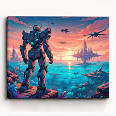 anime mecha robot overlooking futuristic ocean city at sunset paint by numbers design