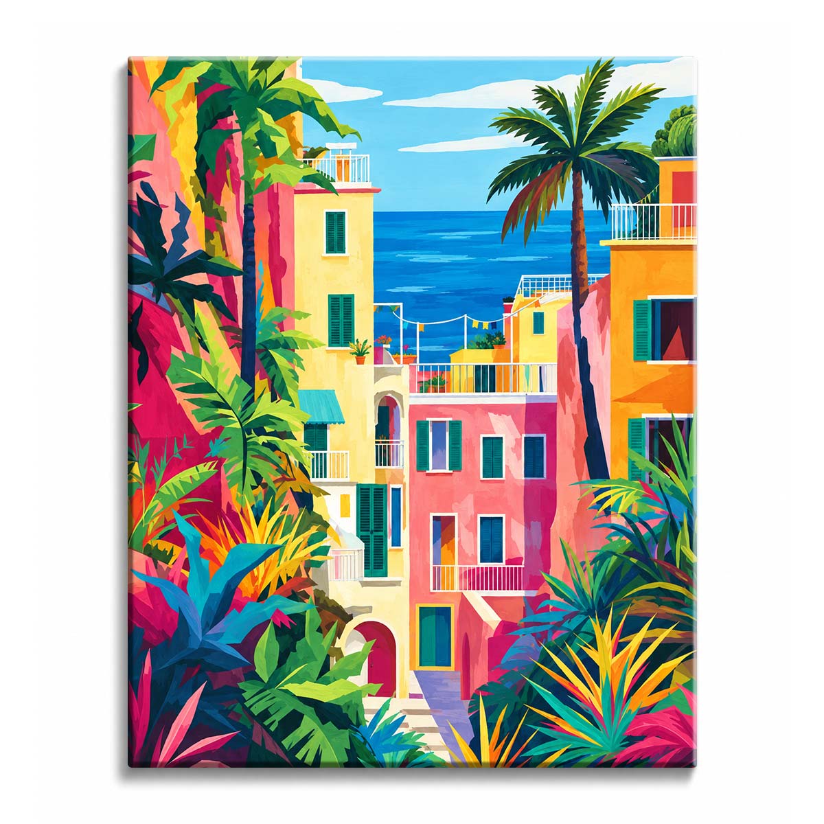 Pink and yellow coastal houses with teal shutters stand between tropical plants above a blue sea, in a paint by numbers design.