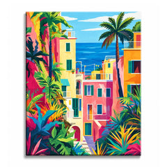 Pink and yellow coastal houses with teal shutters stand between tropical plants above a blue sea, in a paint by numbers design.