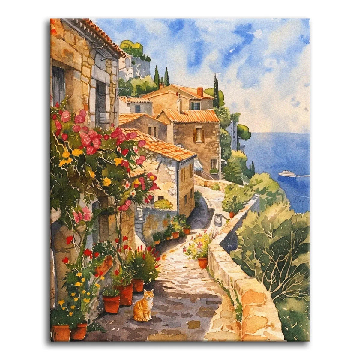 A watercolor paint by numbers canvas of a ginger cat sitting on a sunny cobblestone lane in a Mediterranean hillside village, with flowers and blue sea below.