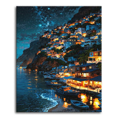 A paint by numbers canvas of a hillside coastal village glowing at night above a harbor, with moored boats, warm lights, and a starry sky.