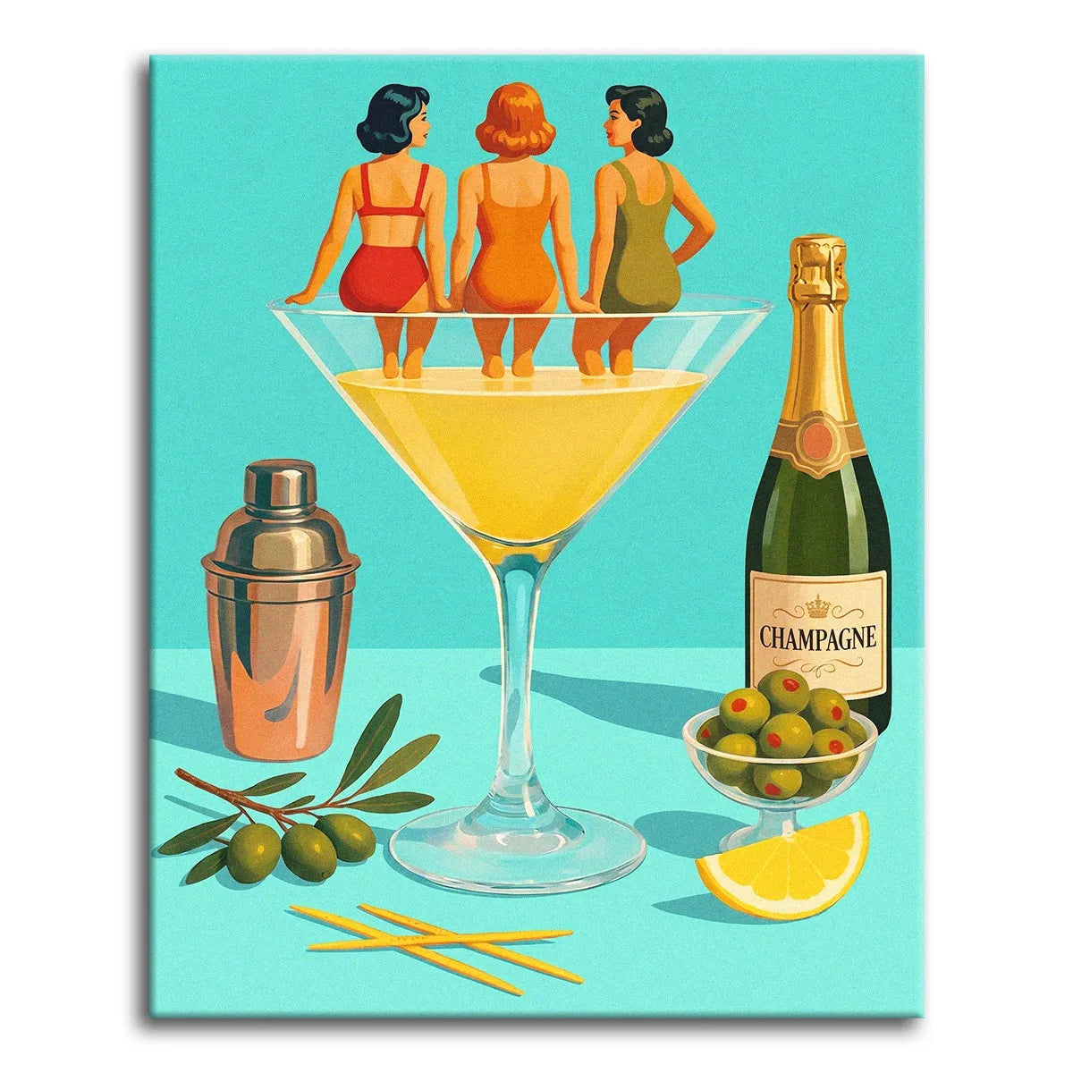A bold, flat-style paint by numbers scene of three retro pin-up figures in swimsuits perched on the rim of a giant martini glass, with a cocktail shaker, a champagne bottle, olives, and a lemon wedge on a turquoise background.
