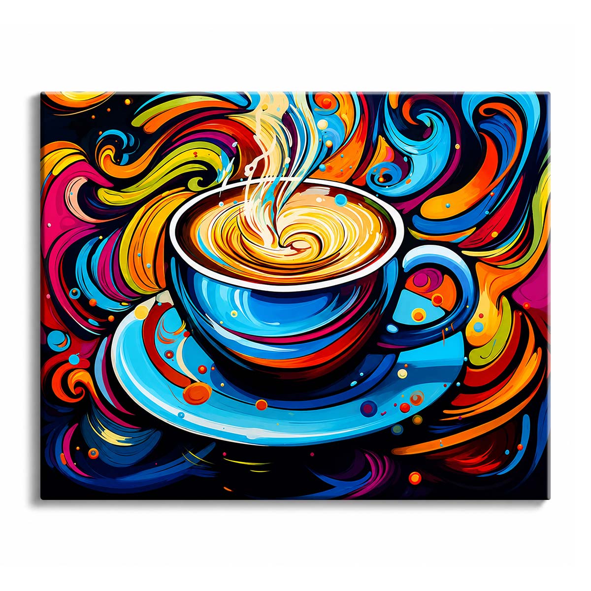 A coffee cup paint by numbers design showing a blue cup and saucer surrounded by sweeping ribbons of orange, red and blue on black.