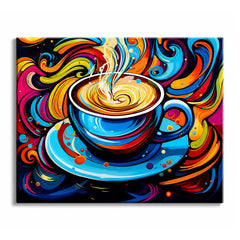 A coffee cup paint by numbers design showing a blue cup and saucer surrounded by sweeping ribbons of orange, red and blue on black.