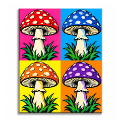 Across pink, blue, yellow, and orange panels, a spotted mushroom repeats above dark green grass in a pop art mushroom paint by numbers design.