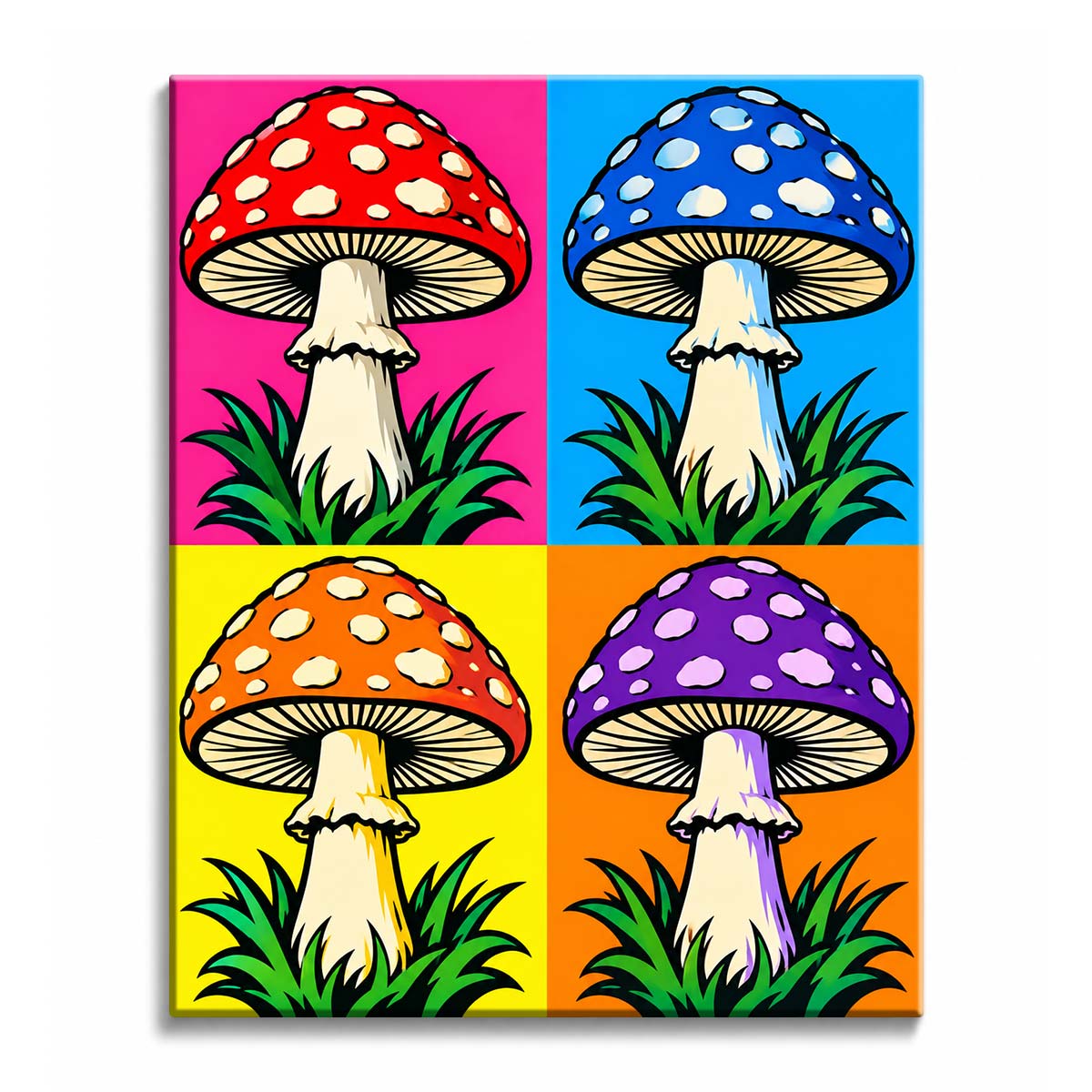 Across pink, blue, yellow, and orange panels, a spotted mushroom repeats above dark green grass in a pop art mushroom paint by numbers design.