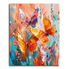 A cluster of colorful butterflies drifting among wildflowers in a bold palette-knife style with warm orange and turquoise tones, shown as a paint by numbers canvas.