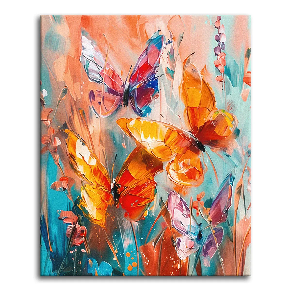 A cluster of colorful butterflies drifting among wildflowers in a bold palette-knife style with warm orange and turquoise tones, shown as a paint by numbers canvas.