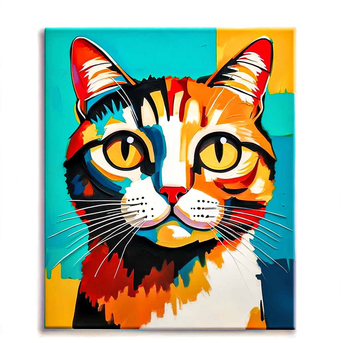 Colorful cat portrait with bold graphic colors paint by numbers design