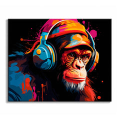 Bright orange, blue, red, and pink shapes form a chimpanzee wearing oversized headphones and a cap against a black graphic background.