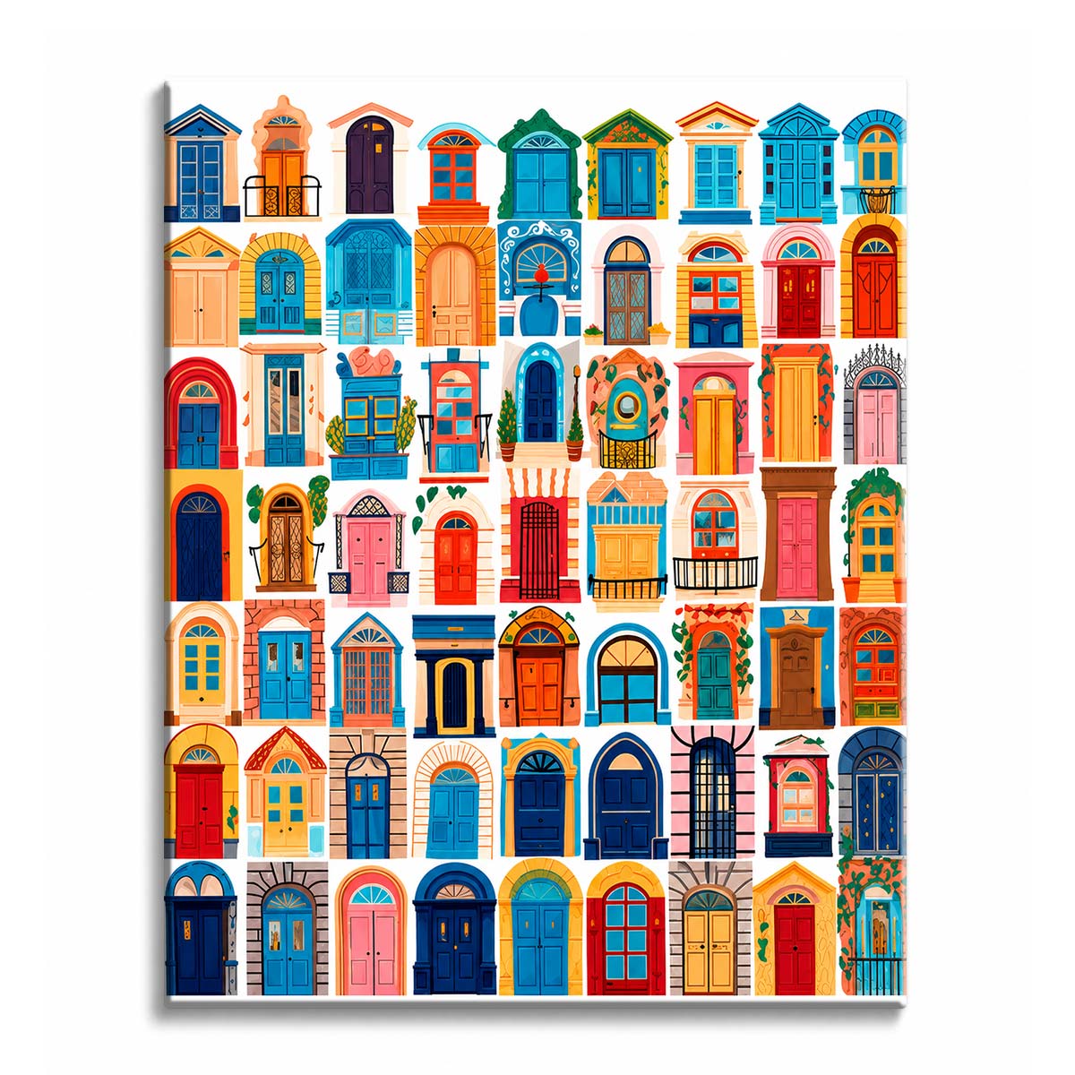A grid of dozens of colorful illustrated doorways in blue, red and ochre against a white background, shown as a paint by numbers canvas.