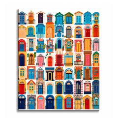 A grid of dozens of colorful illustrated doorways in blue, red and ochre against a white background, shown as a paint by numbers canvas.