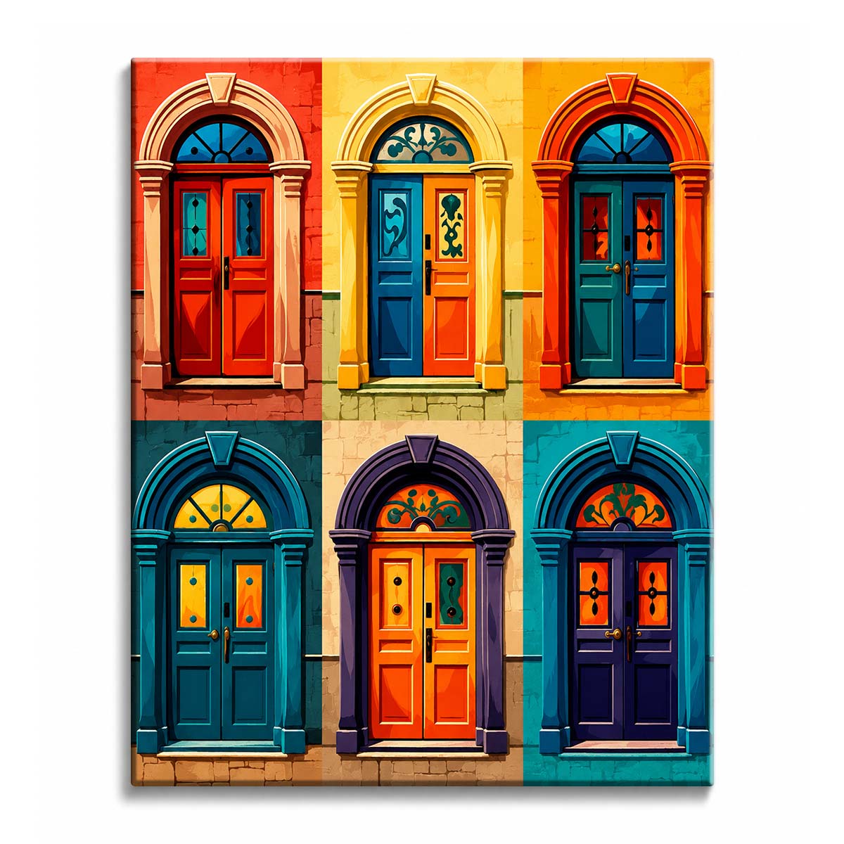 A colorful doors paint by numbers design showing six arched doorways in red, yellow, teal, and purple.