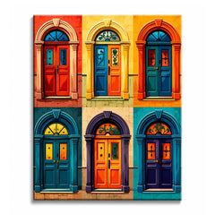 A colorful doors paint by numbers design showing six arched doorways in red, yellow, teal, and purple.