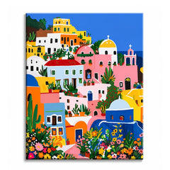 A bright folk-art hillside of pink, yellow and blue Mediterranean houses surrounded by cacti and flowers, shown as a paint by numbers canvas.