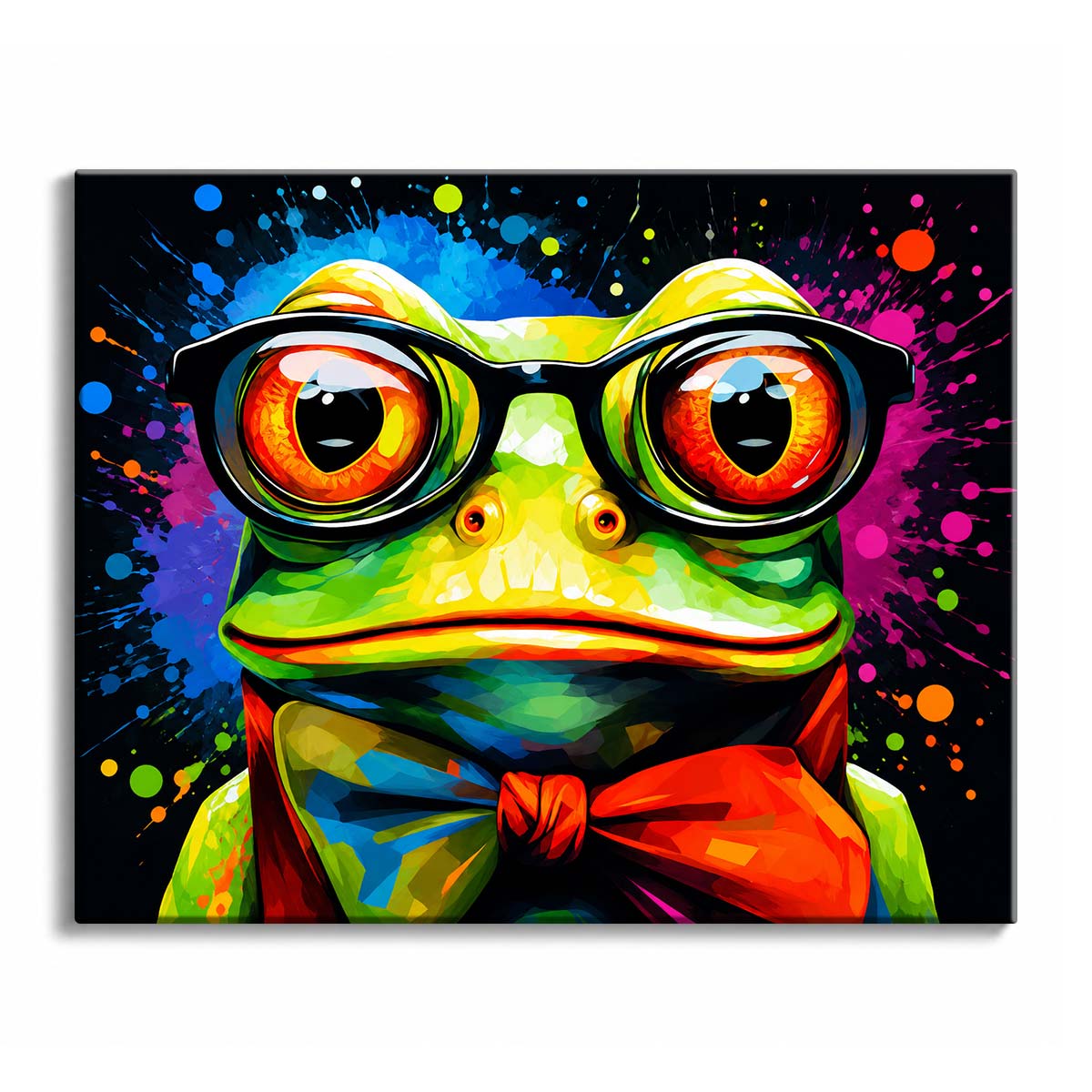 Bright splashes of blue, pink, orange, and green surround a frog wearing oversized glasses and a bow tie in a paint by numbers design.