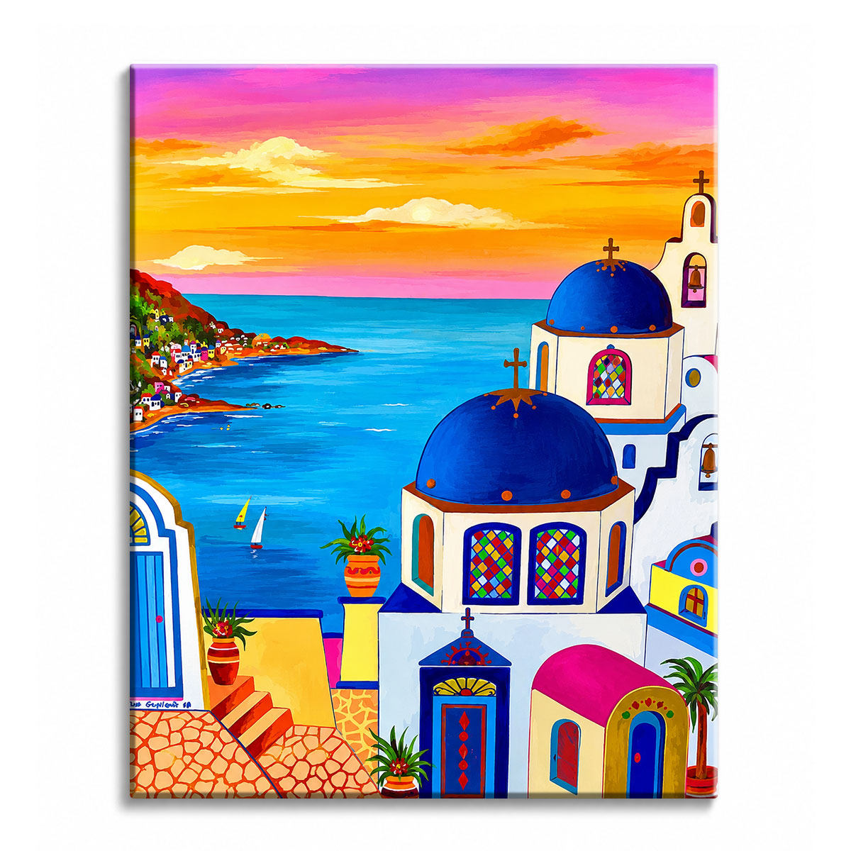 A brightly colored folk-art view of Greek blue-domed churches above a turquoise bay at sunset, shown as a paint by numbers canvas.