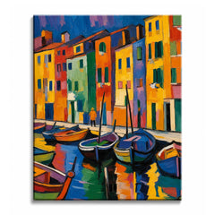 A row of brightly colored houses stands above moored fishing boats and their reflections, in a paint by numbers design.