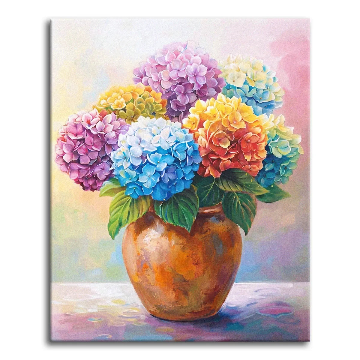 Full hydrangea blooms in pink, blue, yellow, and coral in a copper-toned vase against a soft pastel background, shown as a paint by numbers canvas.