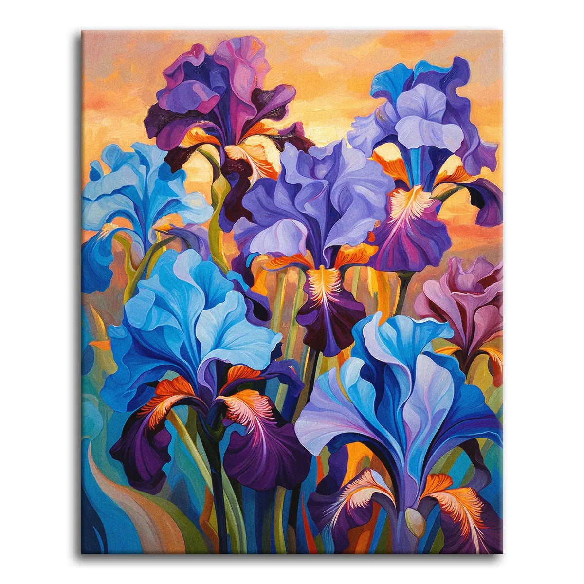 Oversized blue, violet, and purple irises with orange beards against a warm sunset-toned sky, shown as a paint by numbers canvas.