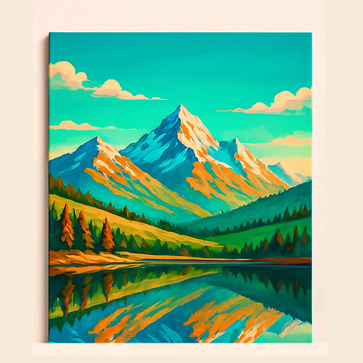 Majestic mountain reflection paint by numbers design with alpine lake and pine trees