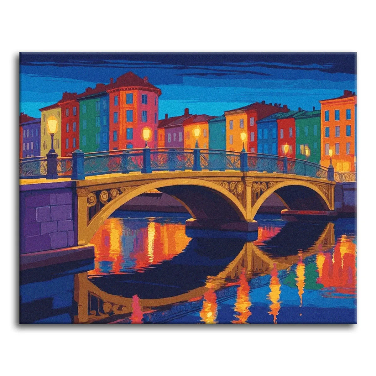 A paint by numbers canvas of a glowing stone bridge at night, with brightly colored houses and their reflections shimmering in the water below.